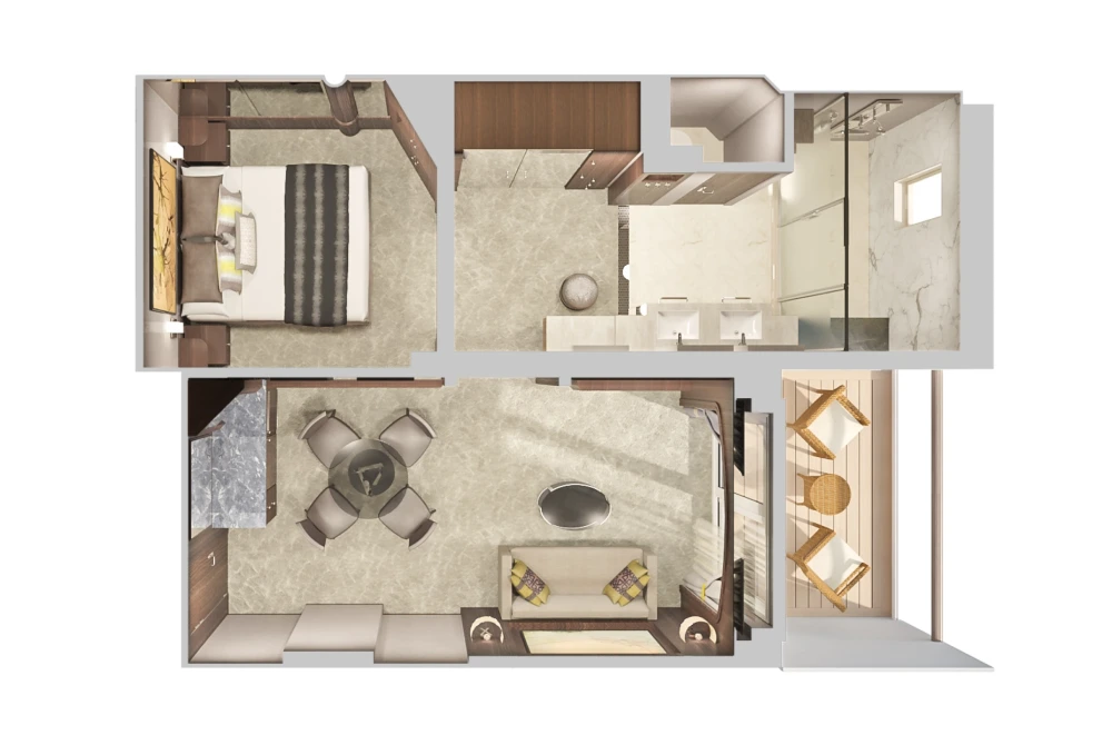 3D floor plan of a one-bedroom apartment: bedroom, bathroom, kitchen, dining area, living room, and a balcony from above.