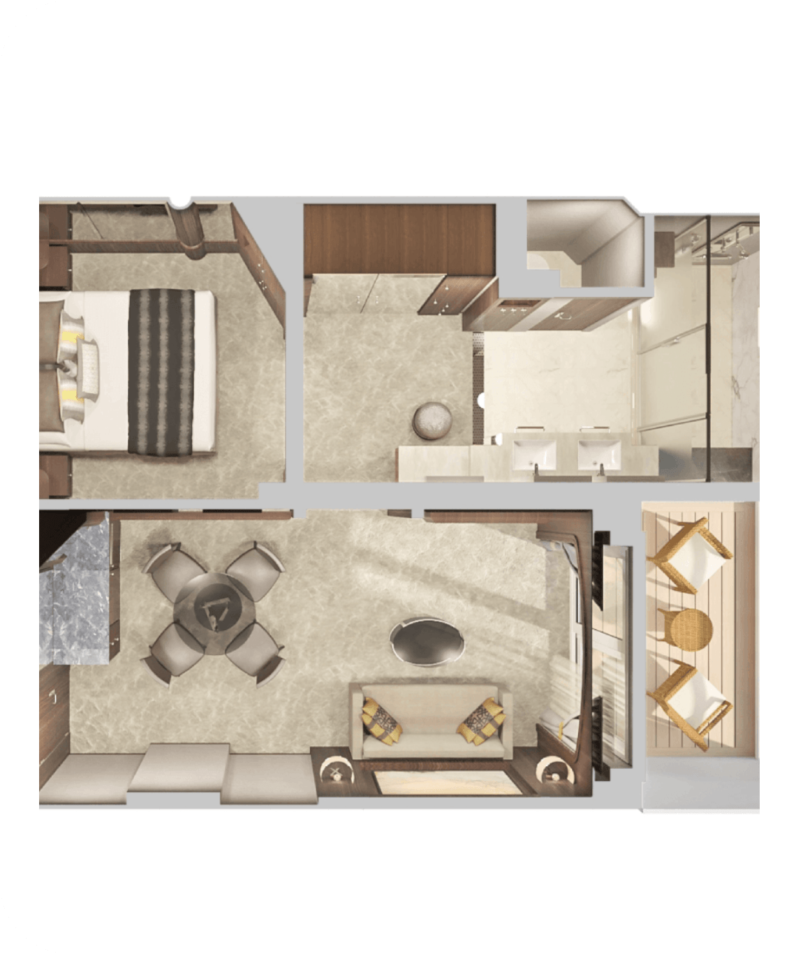 Top-down floor plan of a one-bedroom apartment: bedroom on the left, central shared bathroom and closet area, open kitchen and dining space, living area at the bottom, and a balcony on the right.