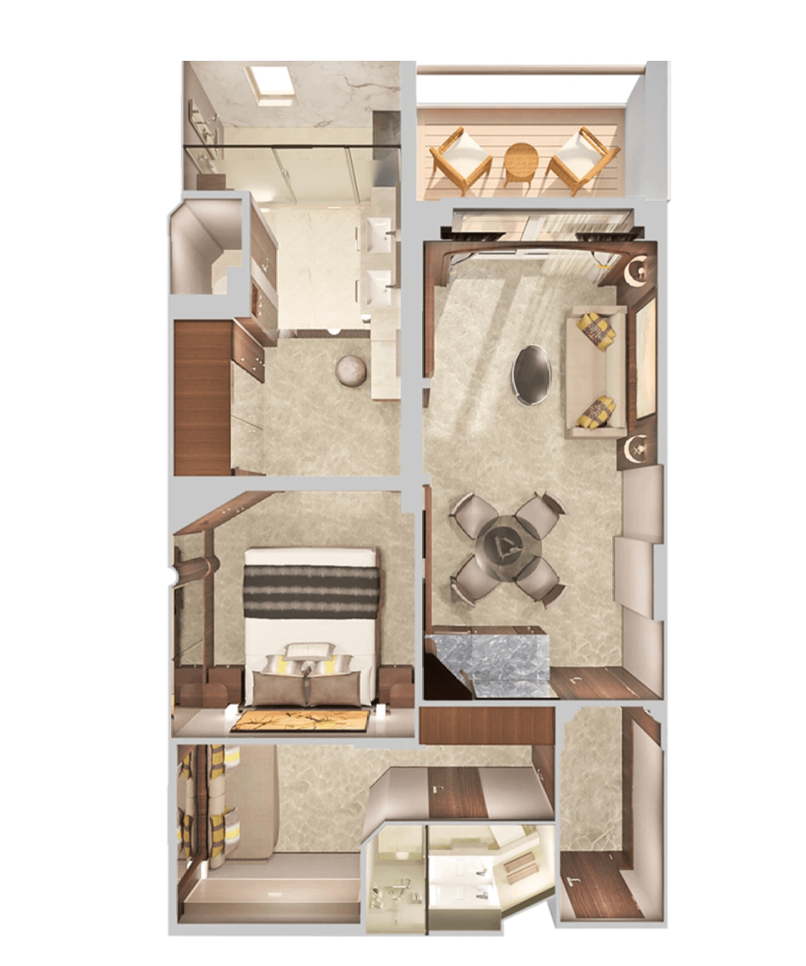 Top-down floor plan of a two-bedroom apartment with living/dining area, kitchen, bathroom, and balcony patio.