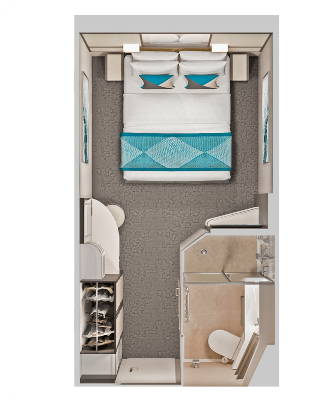 Top-down view of a hotel room showing a double bed with teal accents, two nightstands, and a closet beside the bed, with an adjacent bathroom area in the corner.