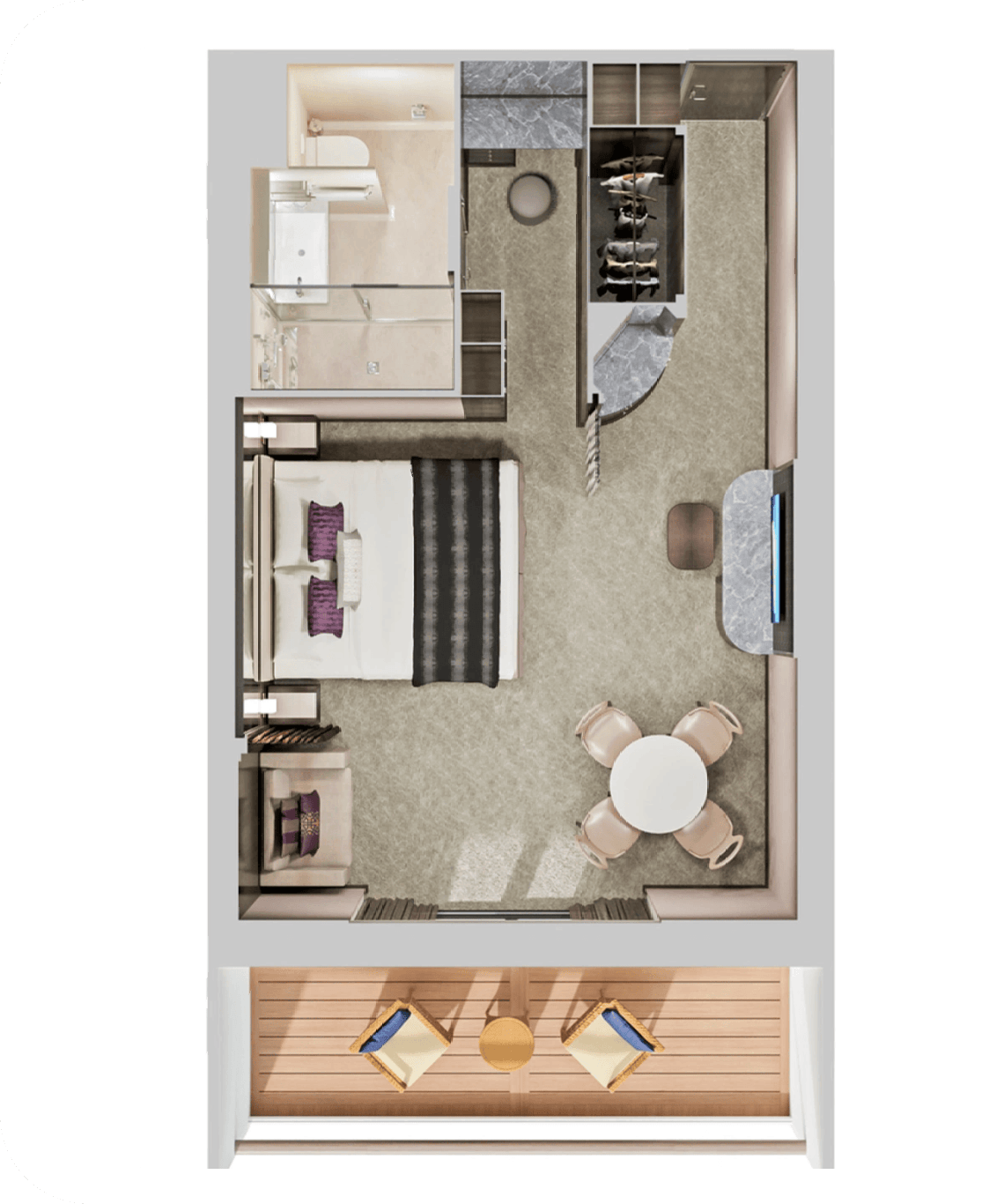 Top-down floor plan of a hotel suite: bedroom with bed, en-suite bathroom, walk-in closet, living area with round dining table for four, and a balcony.