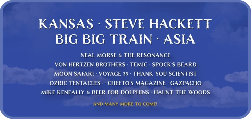 lineup-3-fixed | Cruise to the Edge Blue poster listing performers: Kansas, Steve Hackett, Big Big Train, Asia, Neal Morse & The Resonance, and more.