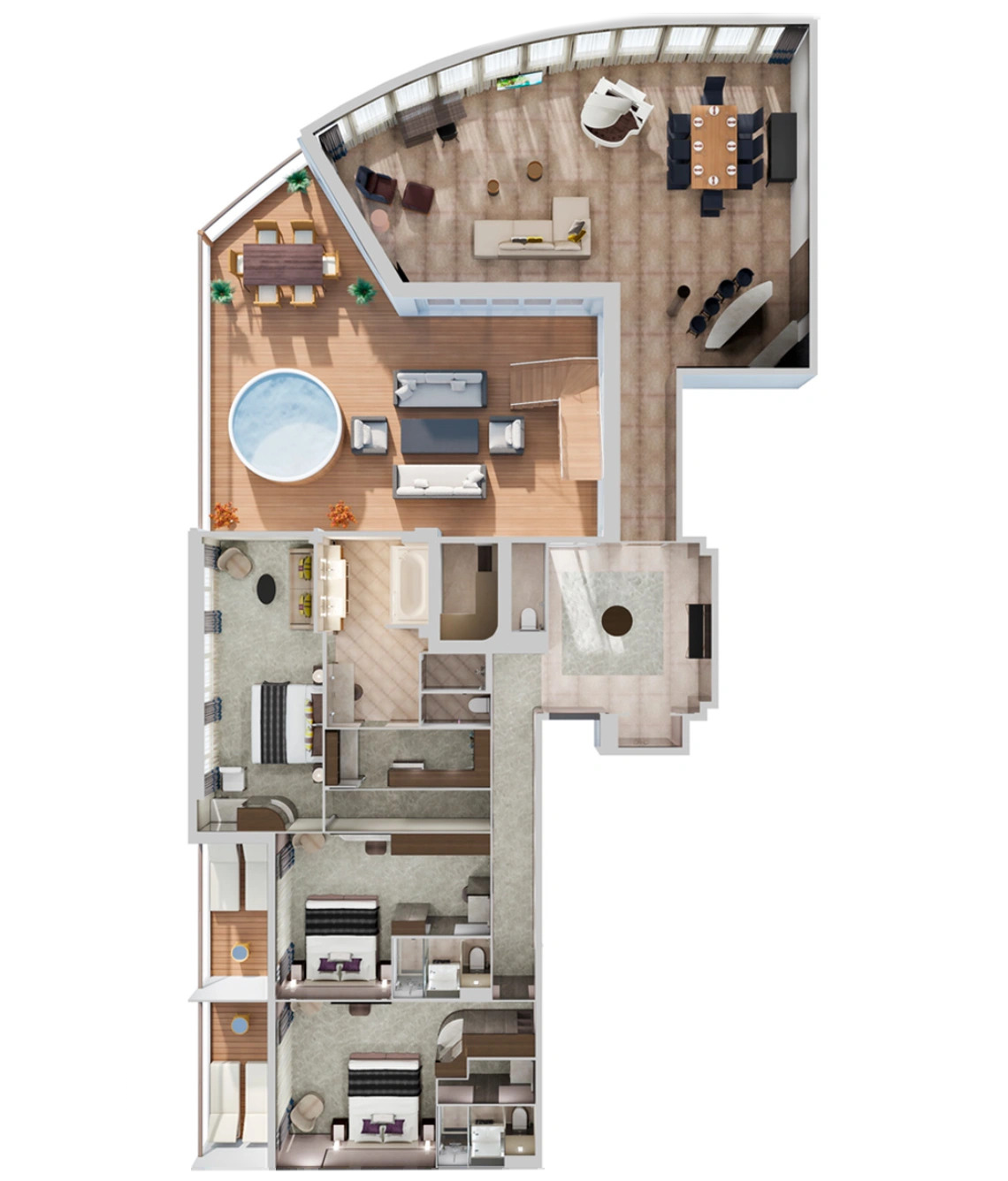 Top-down 3D floor plan of an apartment showing a curved living area, dining room, kitchen, terrace with a round hot tub, and several bedrooms and bathrooms.
